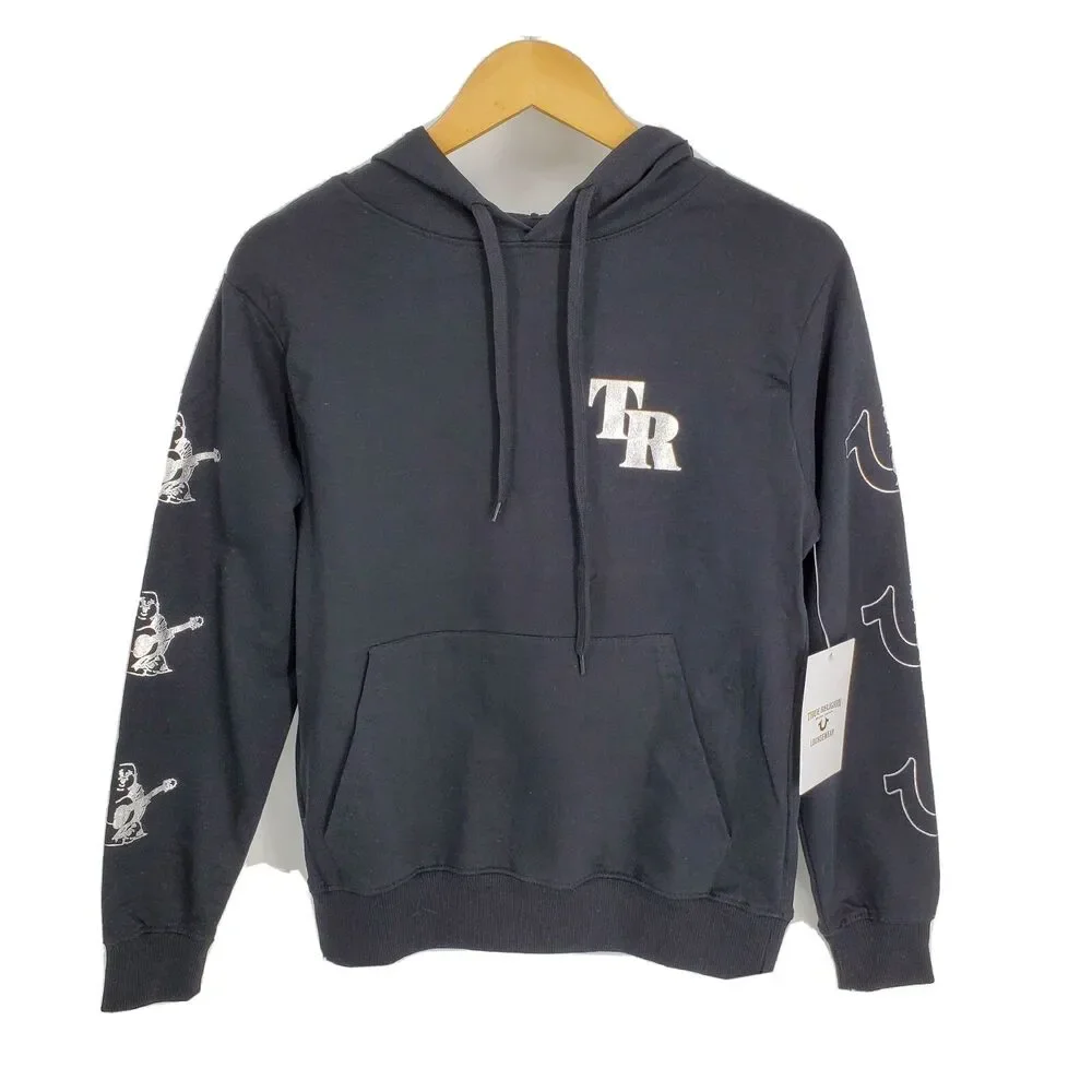New True Religion Mens Loungewear Pullover Hoodie Sweatshirt Black Silver Small